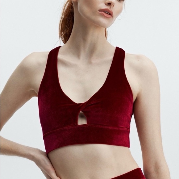 Fabletics Women's Oasis Twist Velour Sports Bra Burgundy Red - Picture 5 of 7